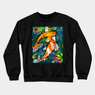 Best fishing gifts for fish lovers 2022. Koi fish pair couple swimming in koi pond with plants and flowers Crewneck Sweatshirt
